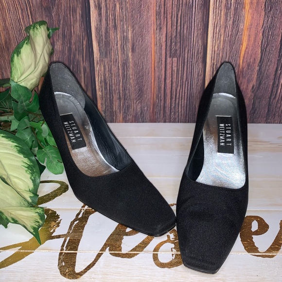 Stuart Weitzman Black Fabric Square Toe Heels - Picture 1 of 7